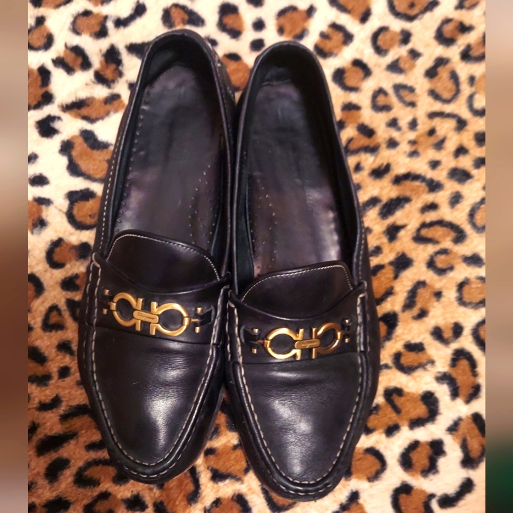 Salvatore Ferragamo Sport Loafers Gancini Black Leather Women's 9 Slip-on Shoes